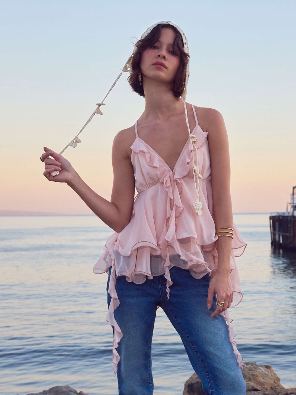 Cider Pink Ruffled Silk Camisole